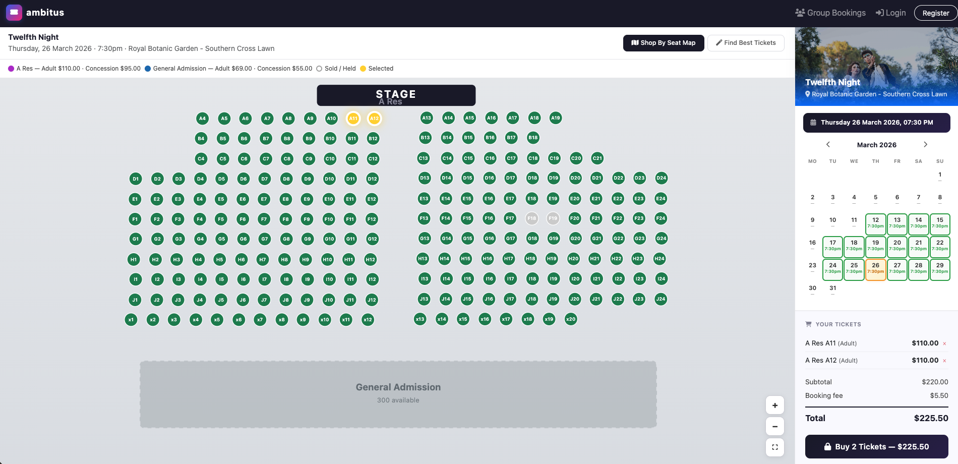 Interactive seat map with reserved and general admission areas